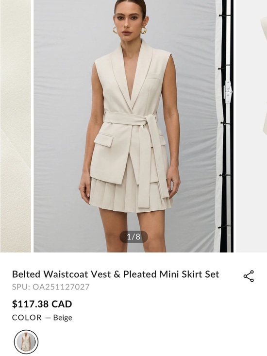 Commense Dresses & Skirts - Commense Beige Belted Waistcoat Vest & Pleated Mini Skirt Set